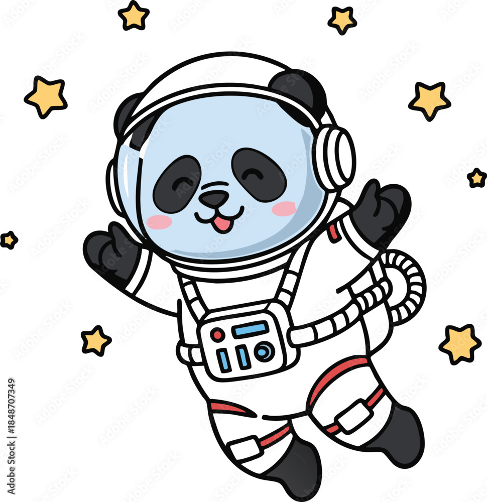 Naklejka premium Cute panda astronaut floating in space with stars, happy panda bear wearing spacesuit cartoon character vector illustration, friendly animal cosmonaut mascot for kids design.
