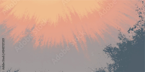 A vibrant orange sunset glows over a misty mountain landscape where silhouettes of forest trees meet a cloudy horizon at dusk