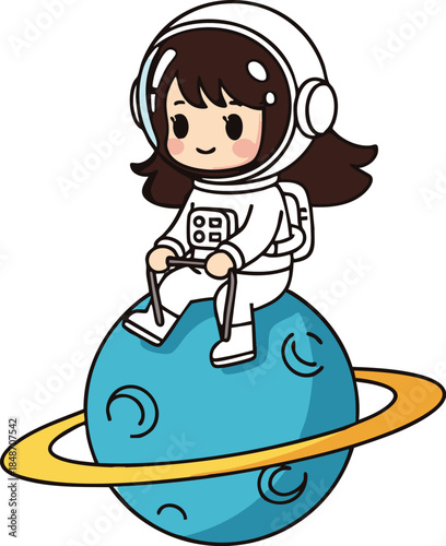 Cute girl astronaut sitting on a blue planet with rings, happy female space explorer cartoon character vector illustration, friendly cosmic mascot for kids and nursery design.