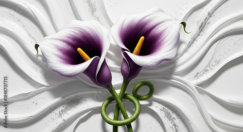 Purple and white calla lilies with textured 3D fluid plaster background 3D Wall Mural. floral landscapes. 3d floral art, floral wallpaper, Luxurious textile tile wall art