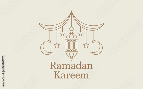 A charming brown outline illustration showcases a traditional Ramadan lantern with crescent moons and stars