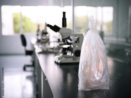 Clear laboratory plastic bag with specimen inside on counter in microscope room, clinical atmosphere and soft light