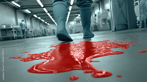 Blue rubber boots walking through red liquid spill in sterile food factory corridor, uneasy industrial scene with workers in white coats