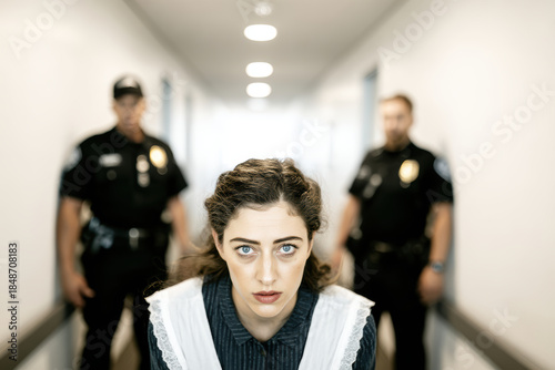 Worried woman in vintage dress looks directly at camera while two police officers stand behind her in bright corridor, tense dramatic mood