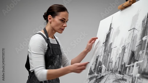 Focused Female Artist Creates Detailed Charcoal Sketch Of Cityscape On Canvas In Studio With Soft Lighting
