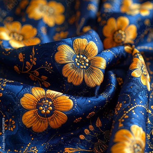 Glistening deep blue batik fabric with intricate golden floral and geometric patterns draped elegantly