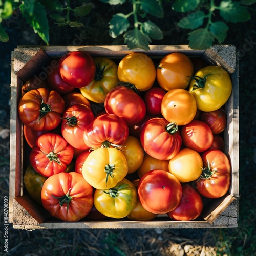 Overflowing wooden basket of brightly colored heirloom tomatoes freshly harvested from a garden during summer