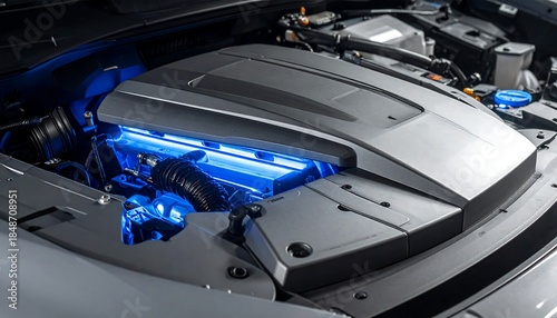 Car engine compartment detail, featuring an illuminated grey cover with hoses and technical elements