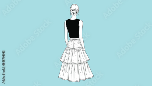 Elegant female fashion illustration, woman back view wearing modern sleeveless top and layered skirt, minimalist flat vector design