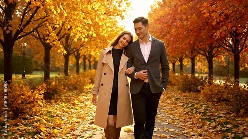 Couple Walking Arm In Arm Through Autumn Park Golden Sunlight Illuminates Colorful Trees And Fallen Leaves