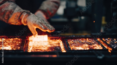 Medium shot of a technician performing nitriding process by submerging steel components into heated salt emphasizing surface hardening transformation.