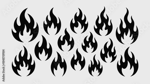 A collection of various black flame icons and fire symbols on a simple light grey background