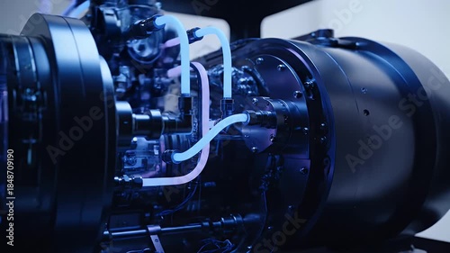 Intricate Mechanical Device with Blue and Pink Lights and Tubes in Dark Industrial Setting