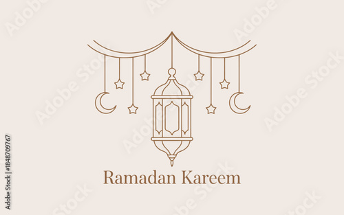 A delicate brown outline drawing features a traditional Ramadan lantern surrounded by crescent moons and twinkling stars