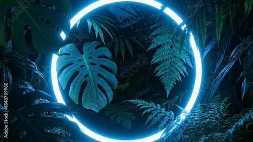 Lush Dark Jungle With Tropical Plants And Neon Blue Circle Light At Night