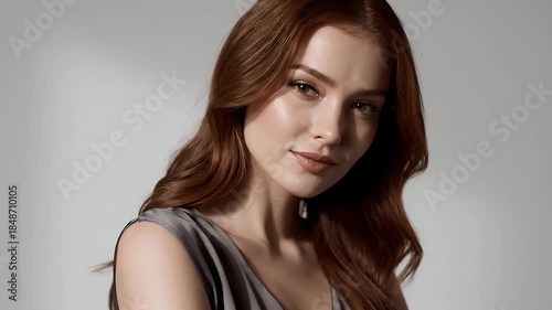 Elegant Young Woman With Auburn Hair Wearing A Dark Silky Dress Posing In A Studio With Soft Lighting