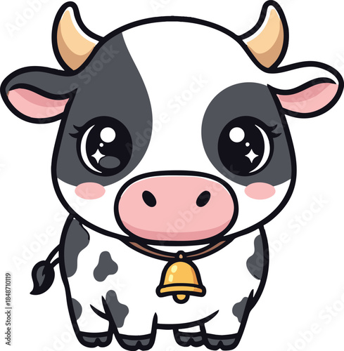 Cute baby cow cartoon character with a golden bell, happy little spotted calf vector illustration, friendly farm animal mascot for kids nursery and dairy product design.