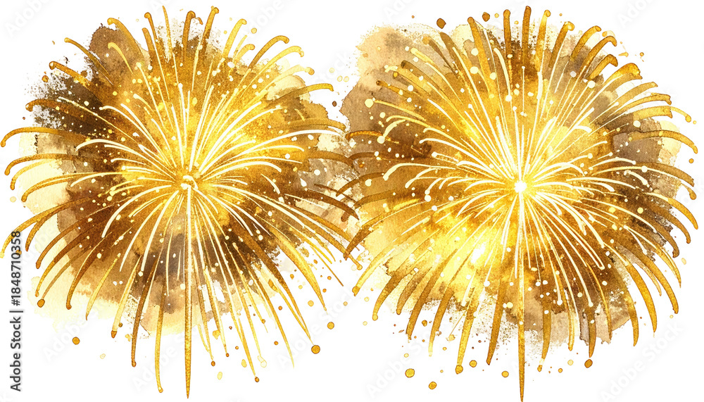 Fototapeta premium Two luminous golden firework bursts in a watercolor style against a transparent background