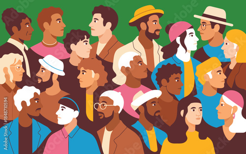 A varied group of men and women with unique styles and features in a cohesive community