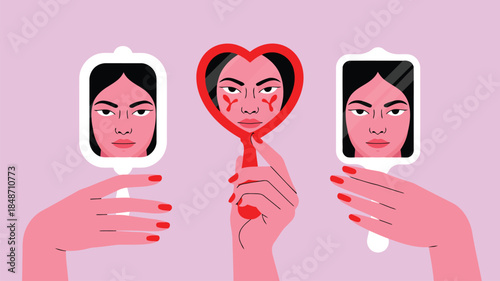 A woman holds a heart shaped mirror showing an emotional face contrasting with calm reflections