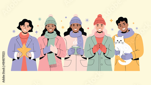 Diverse group of smiling people wearing winter outfits holding a golden star, mug, and a kitten