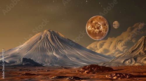 Volcanic landscape of Venus featuring glowing lava cracks and multiple moons under a thick orange sulfur atmosphere.