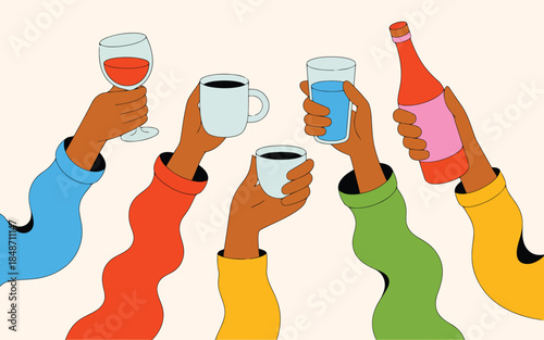 Diverse hands holding different beverages in a lively toast celebrating togetherness and various drink choices