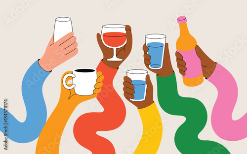 Diverse hands holding up a variety of refreshing beverages including wine, coffee, water, and beer for a celebration