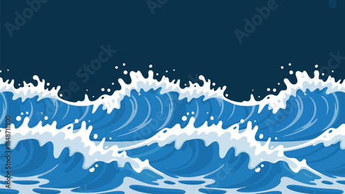 Dynamic blue ocean waves crash and foam under a dark sky creating a powerful natural water scene