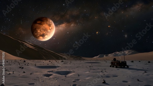 Scientific space probe exploring cratered lunar surface with ringed planet and milky way galaxy stretching across the horizon.