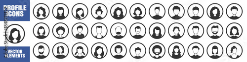 Avatar profile icons vector user silhouette head face person people portrait set round circle vector graphic design for social network and interface on transparent background