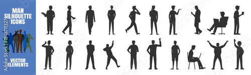 Man silhouette icons, standing male people, business and casual poses, black vector set on transparent background
