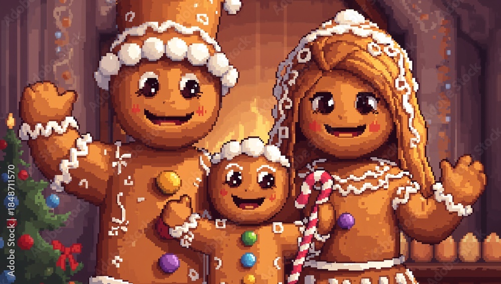 Obraz premium Posing gingerbread family wearing tall icing hat, gumdrop buttons and dress trim by fireplace