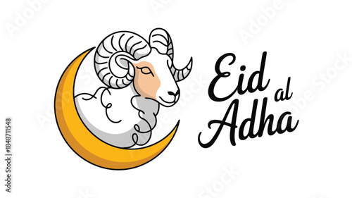 Elegant Eid al Adha text next to a graphic of a ram head and a crescent moon