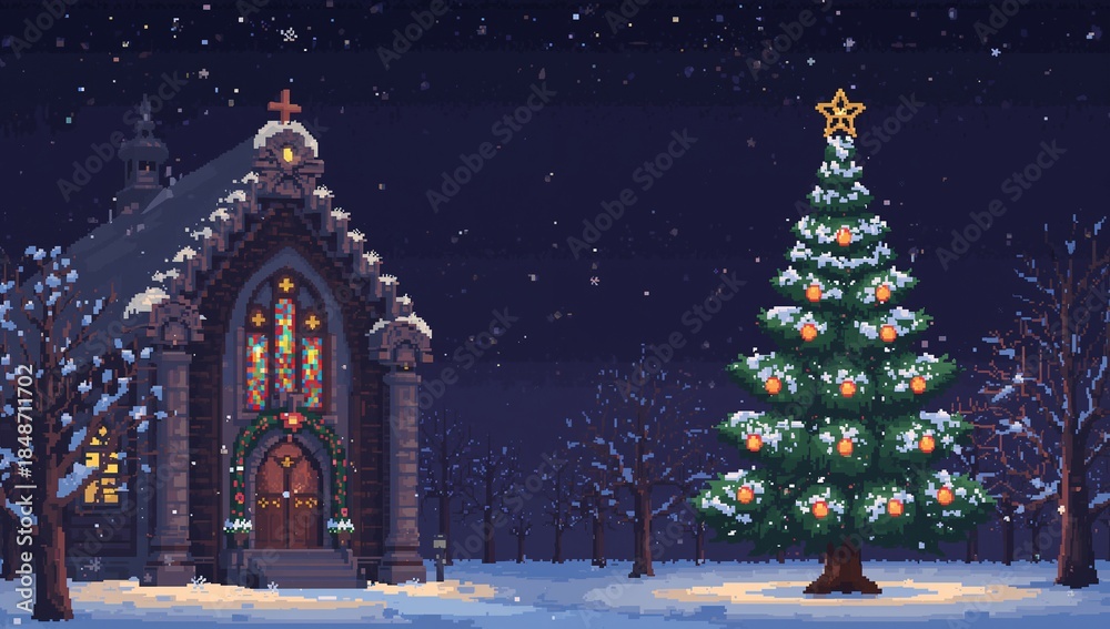 custom made wallpaper toronto digitalStanding decorated evergreen tree at church, stained windows glowing, falling snow, copy space