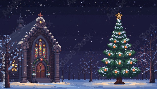 Wallpaper Mural Standing decorated evergreen tree at church, stained windows glowing, falling snow, copy space Torontodigital.ca