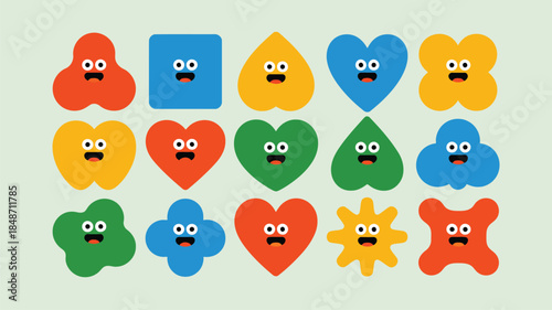 Fifteen colorful cartoon shapes with happy faces express various cheerful emotions in a grid