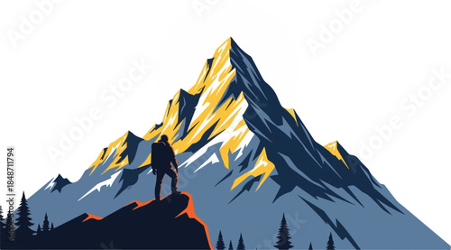 A lone hiker stands atop a mountain peak gazing at the majestic landscape.