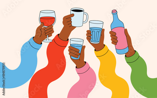 Five diverse hands holding various refreshing drinks and making a fist in a cheerful gathering