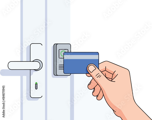 Hand holding a blue access card to unlock a modern electronic door lock system.