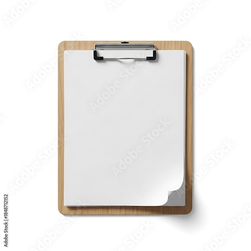 Clipboard with blank paper on wooden board.