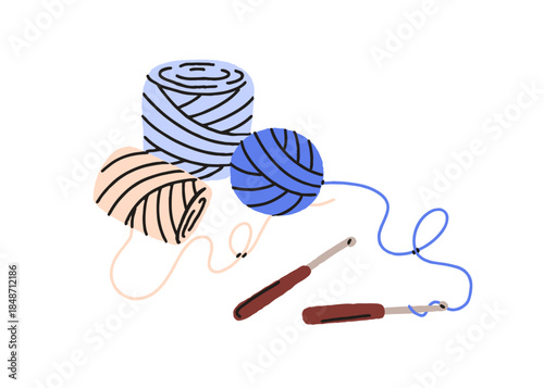 Crochet and yarn thread, wool balls, skeins. Knitting hook and twine, string spools, bobbins for handicraft. Handcraft tools, accessories. Flat vector illustration isolated on white background