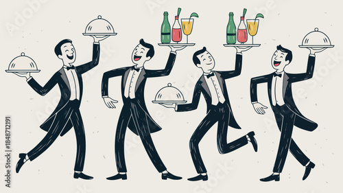 Four happy cartoon waiters in tuxedos elegantly serve food and beverages at a fancy event