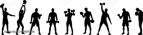 Silhouette of a man with dumbbells, swinging, training set vector