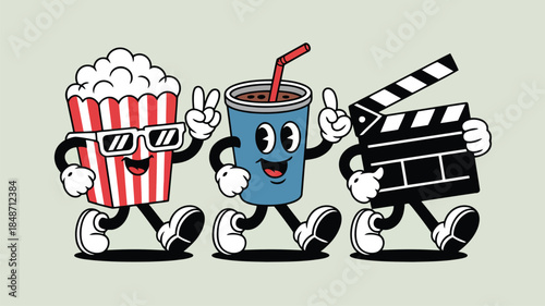 Happy retro cartoon characters of popcorn, a soda, and a film clapperboard walking together