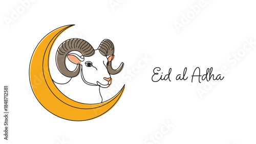 Minimalist side profile continuous line drawing of a ram and golden moon for Eid al Adha