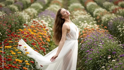 Joyful Woman In Flowing White Dress Dancing In Vibrant Flower Field During Daytime Sunlight