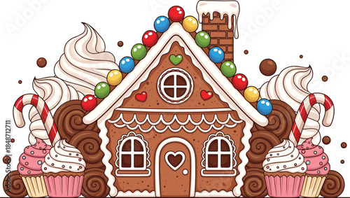Gingerbread house with candy decorations, icing roof, cupcakes, candy canes, festive sweets, Christmas theme, flat vector illustration