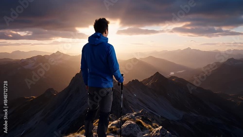 Man Wearing Blue Hooded Jacket Standing Atop Mountain Peak Overlooking Scenic Landscape At Sunset