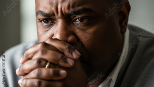 Close up of an african american man looking anxious. Mature male with worried facial expression symbolizing stress, grief or emotional difficulty for mental health concept.